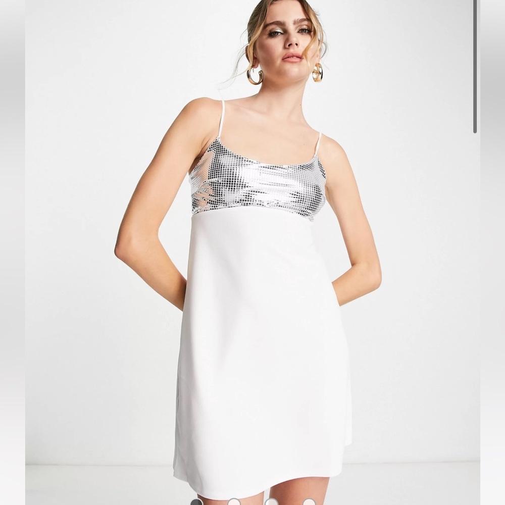 River Island disco shift mini dress in white size small